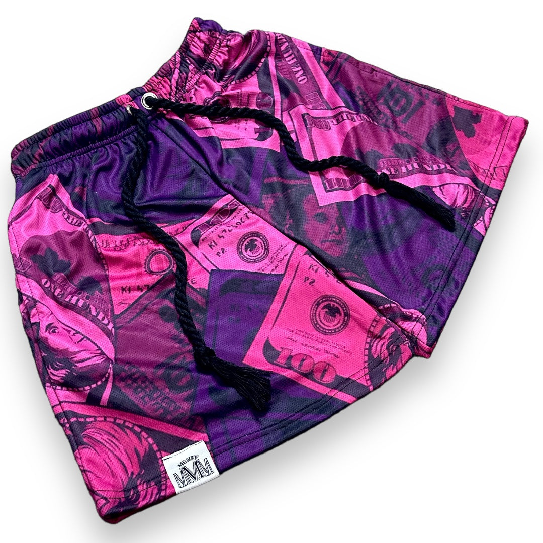 "MONEY-MAN MOJI" - Cash Camo Mesh Shorts (BERRY)