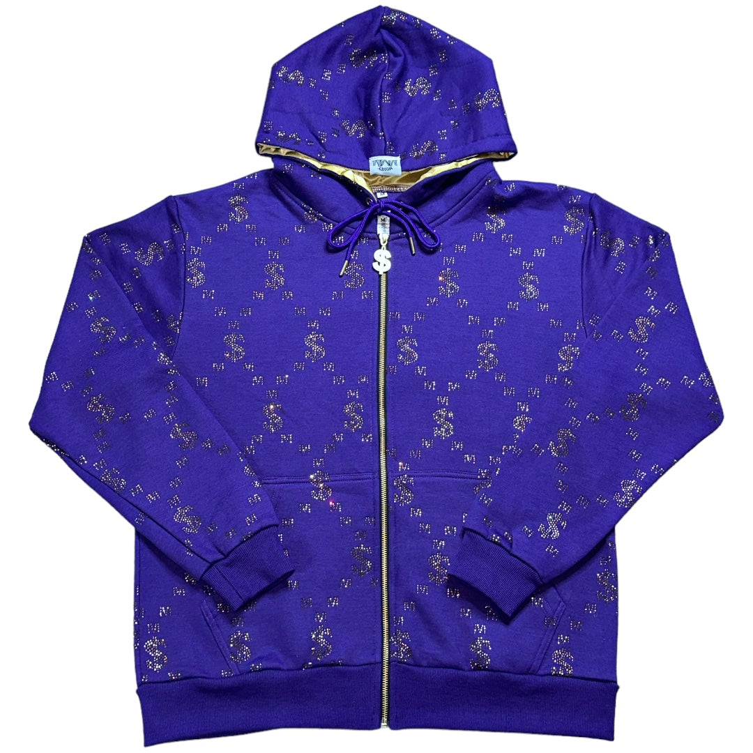 Royal Blue Von tiger zip up rhinestone hoodie - VONSTUDIO